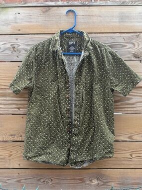 Superdry Olive Green Short-Sleeve Button-Down Shirt with Circle Print